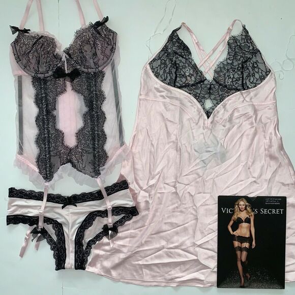 Victoria's Secret unlined 34B,36B garter CORSET+panty+SLIP ice PINK Black lace